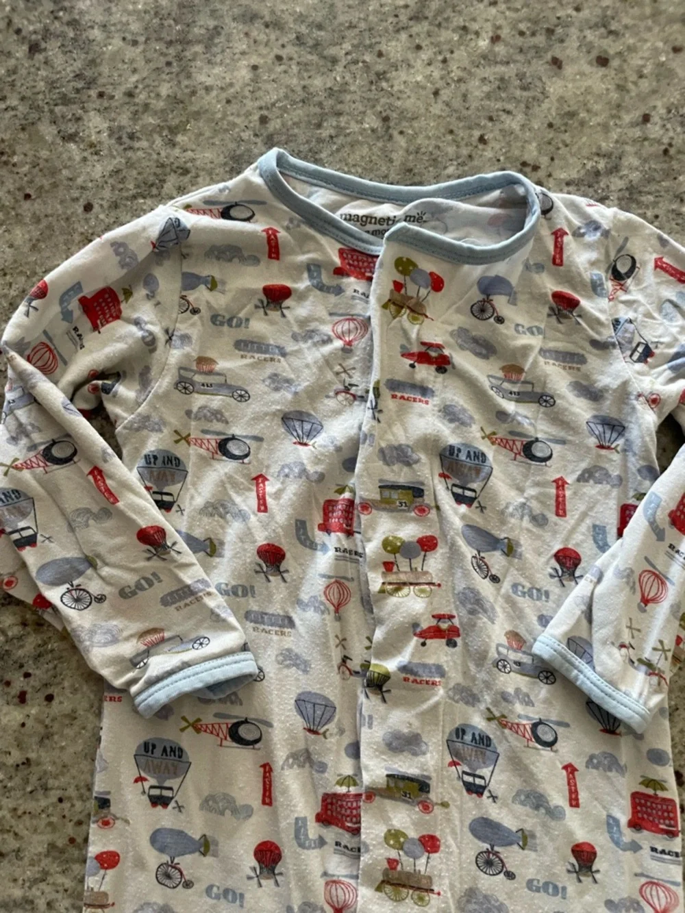 Magnetic Me Baby Footed One-Piece - Light Blue Travel Transportation Print